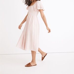 Madewell Linen-Blend Eyelet-Sleeve Lucie Smocked Midi Dress NWT XS.